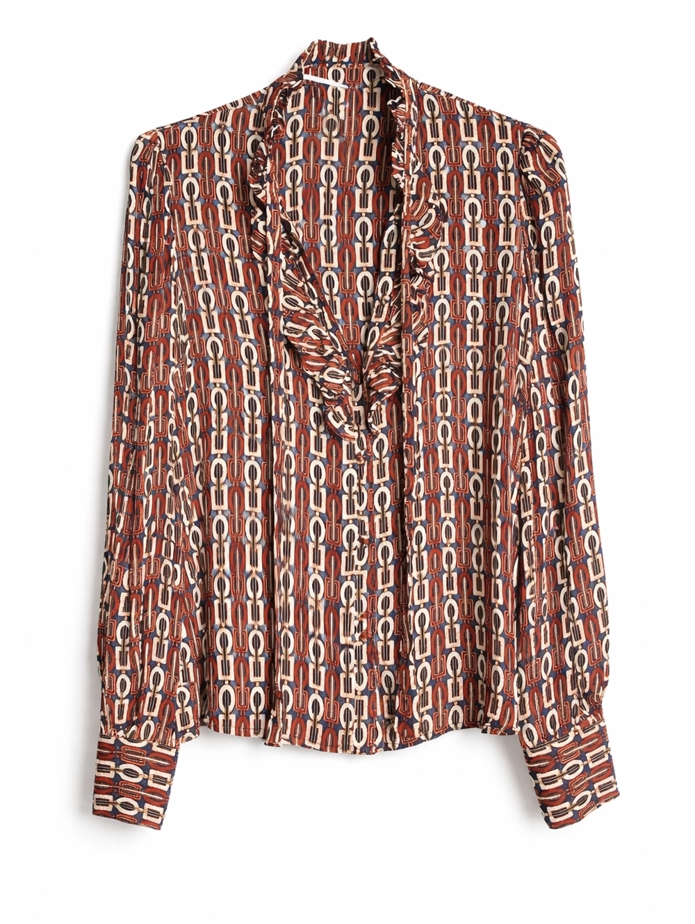 ​INC International Concepts Geometric Retro Chain Print Ruffle Neck Blouse